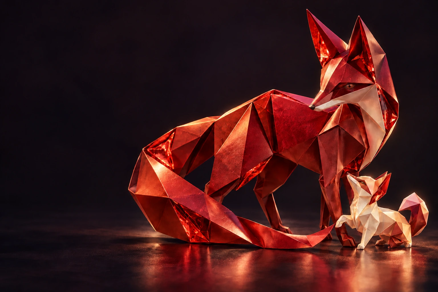 Two sculptural origami foxes, one scarlet and one ivory, connected by a folded red ribbon.