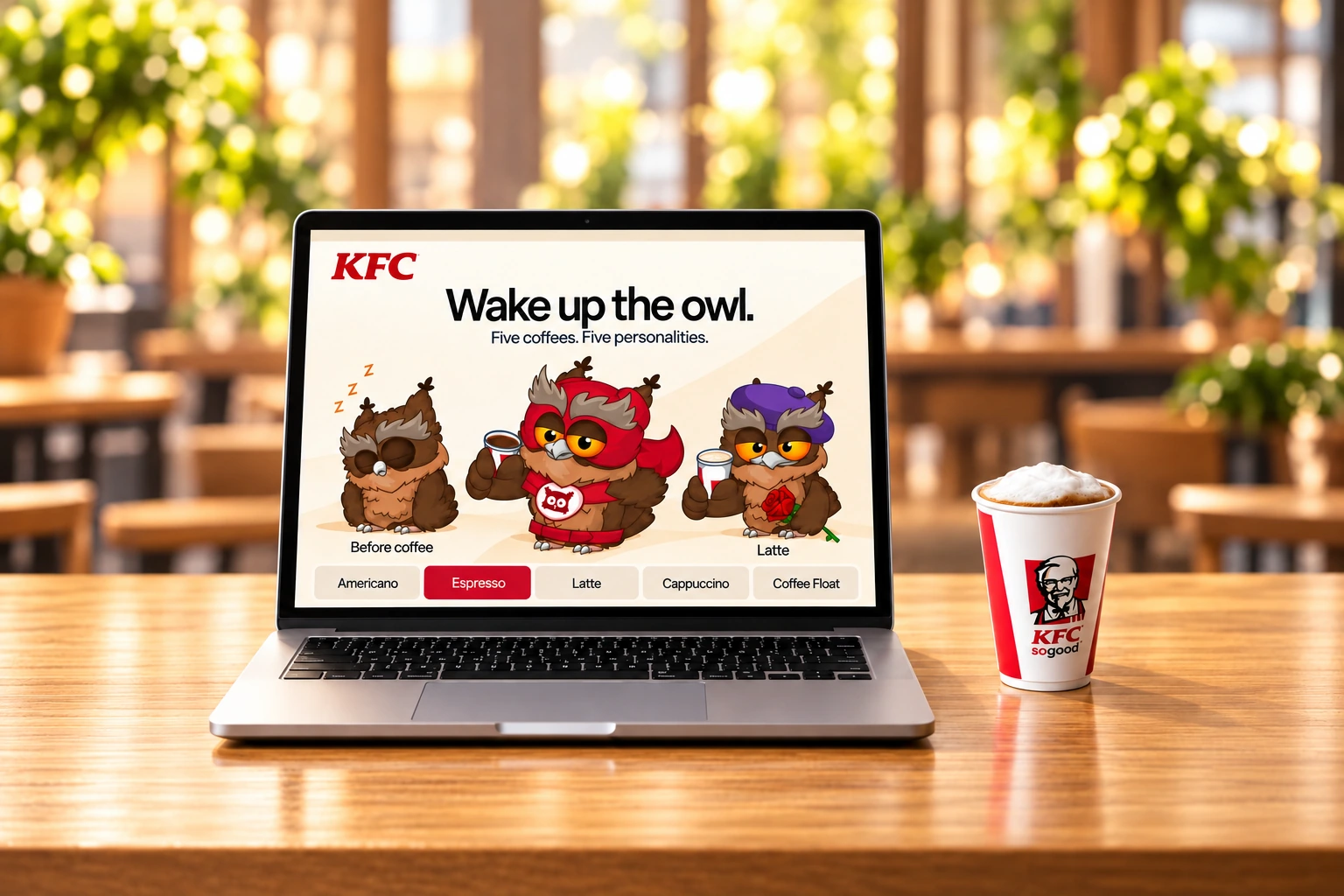 A coffee campaign shown on a laptop: three owl moods, coffee choices inside the screen, and a separate cup on the table.