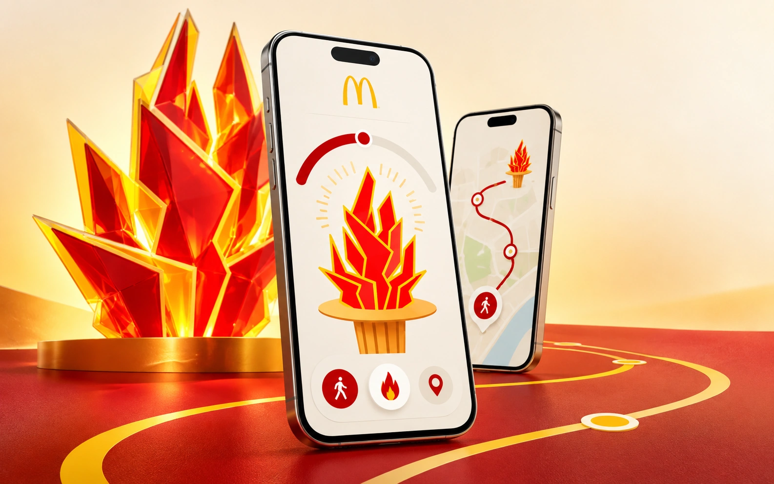 Two smartphones present the Olympic walking campaign, alongside a red and gold sculptural flame.